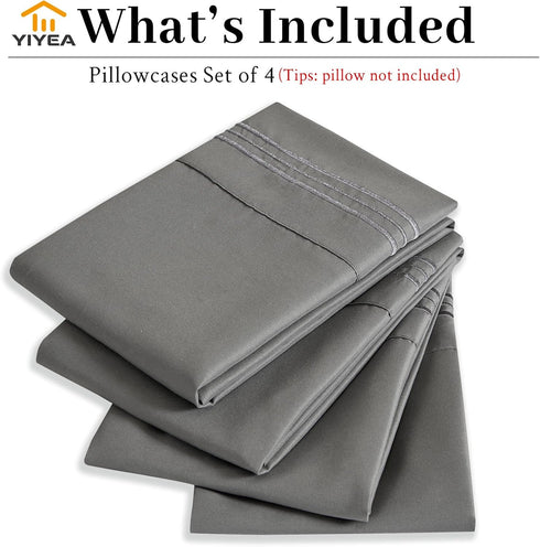 YIYEA King Pillow Cases Set of 4, Ultra Soft 1800TC Hotel Quality Double Brushed Microfiber Embroidered Pillowcases,