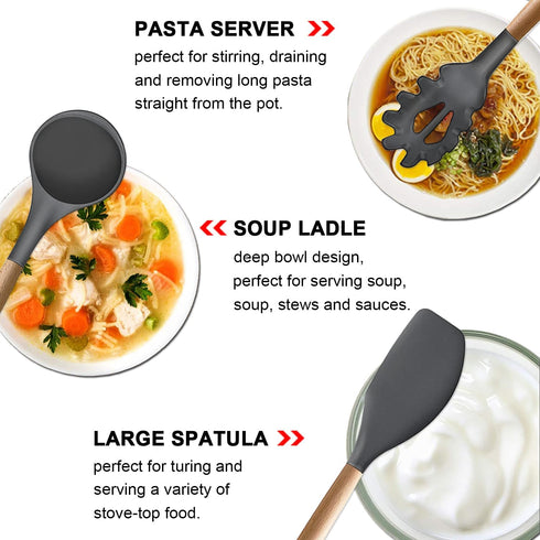 Kitchen Cooking Utensils Set, 6Pcs Silicone Gadgets with Wooden Handle, Heat Resistant Spatula, Ladle, Turner Set