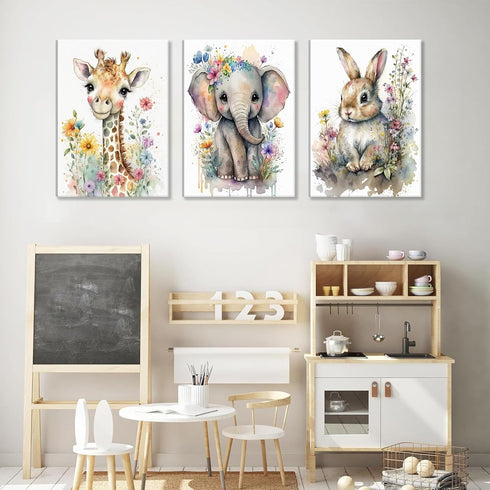 3Pcs 16x24in Safari Animal Nursery Canvas Wall Art Watercolor Baby Animals with Wildflowers Picture Posters Wall Decor