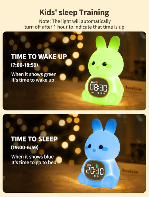 MASHI Bunny Alarm Clock, Toddler Sleep Training Clock with Sun & Moon, Sleep Sound Machine, Night Lights, Alarm Clock