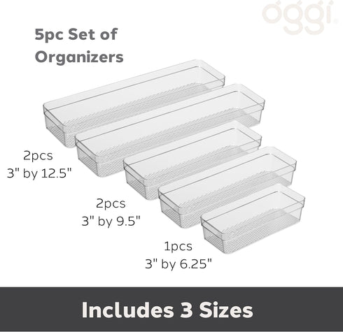 Oggi Clear Drawer Organizers Set of 5 - (1) 3x6.25, (2) 3x9.5, (2) 3x12.5 - Ideal for Kitchen, Office, Bathroom, and