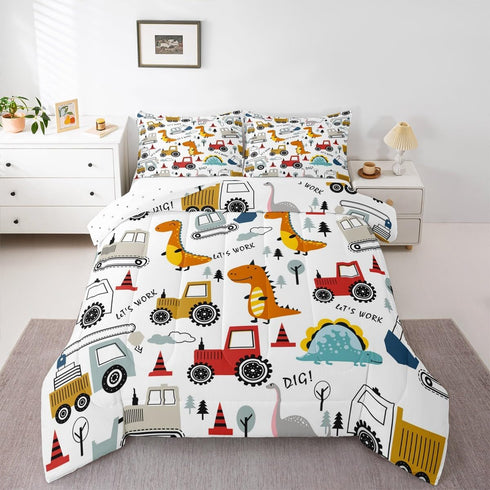 Set Set Set Set 1 Feelyou Construction Comforter Kids Cartoon Dinosaur Comforter Cover for Boys Equipment Trucks
