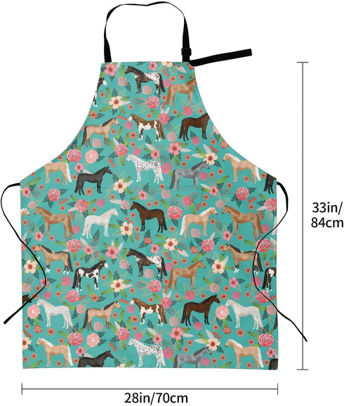 Floral Horse Print Waterproof Apron, Adjustable Neck Bib with 2 Pockets for Cooking Kitchen Gift