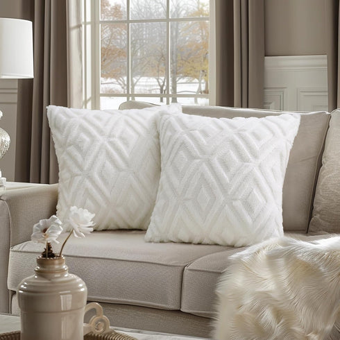 Soft Faux Fur Throw Pillow covers 18x18 - Plush Short Wool Velvet Decorative Pillow covers - Couch Sofa Pillow covers for Living Room - with 3D Diamond Pattern - Set of 2 - Cream White