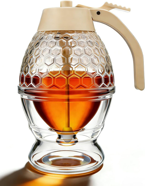 Ahhute Honey Dispenser, No Drip Glass Maple Syrup Dispenser with Stand, Reusable Honey