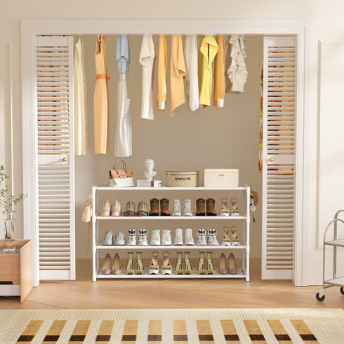 4 2 Closet 26Pairs, LUKYTOWER Extra Long Shoe Rack Tier Shoe Storage Organizer with Hooks, Wide Stackable Shoe