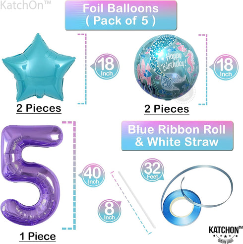 KatchOn Shiny Mermaid 5th Birthday Decorations - Pack of 9, Mermaid Balloons, Banners, Party Decorations