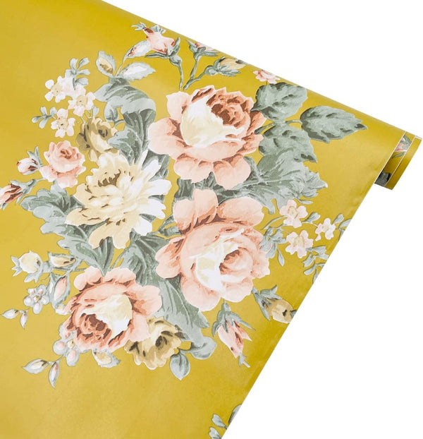 Yifely Vintage Peony Floral Shelving Paper Dark Yellow Peel & Stick Shelf Liner, 17.7 Inch by 9.8 Feet