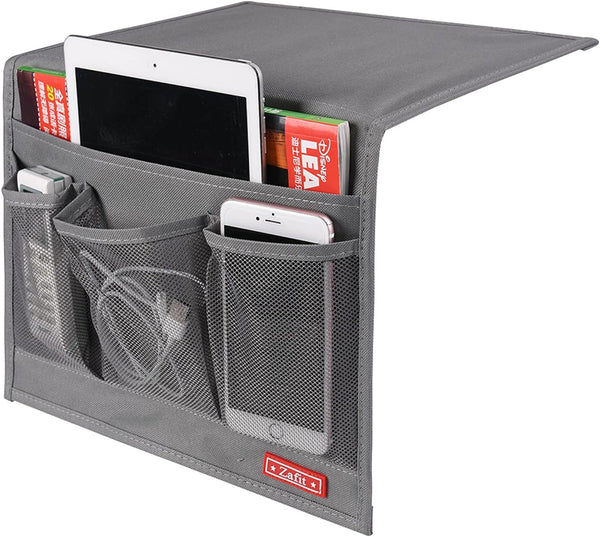 Bedside Storage Organizer Caddy for Remotes Phone Glasses (Classic 4 Pockets-Grey)