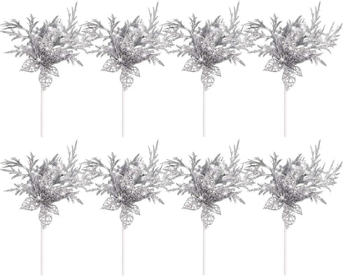 Gejoy 8 Pcs Christmas Tree Picks with Glitter, Faux Flower, Artificial Leaves, 7.8 Inch, Silver for Holiday Decor