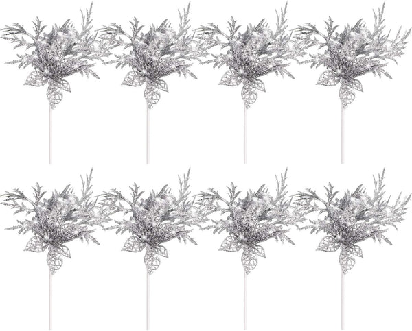Gejoy 8 Pcs Christmas Tree Picks with Glitter, Faux Flower, Artificial Leaves, 7.8 Inch, Silver for Holiday Decor
