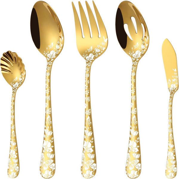 Stapava Serving Utensils Gold - 5 Pieces Stainless Steel Silverware Set for Restaurant Banquet Buffet