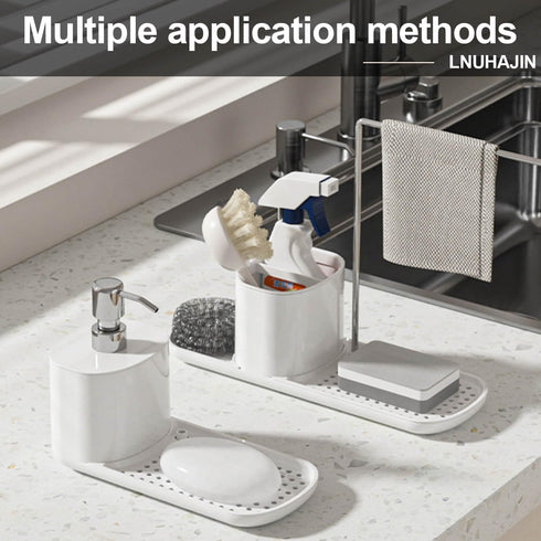 Kitchen Soap Dispenser Set with Tray and Sponge Holder, 3-in-1 Countertop Storage Organizer, Includes Dish Towel
