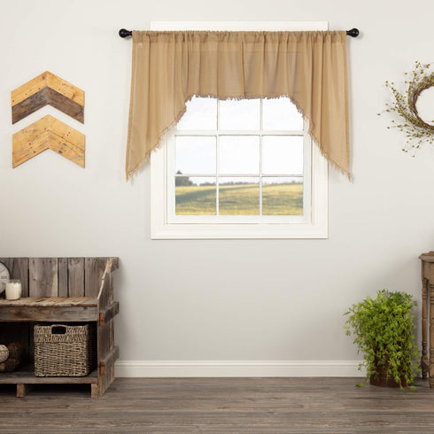 VHC Brands Tobacco Cloth Fringed Farmhouse Decor Kitchen Swag Prairie Panels Door Window Tier Set Curtains, Khaki,