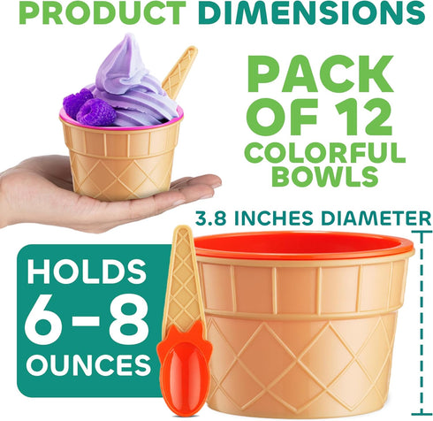 Set (Pack 12) Frozen JoyServe Ice Cream Bowls and Spoons - of Reusable Plastic Ice Cream Cups and Waffle Cone Shaped