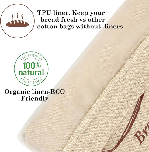 QUYANGCHIFENG 2 Pack 12x15 Inch (1 Reusable Linen Bread Storage Bags with Plastic Lining, Sourdough Bread Keeper