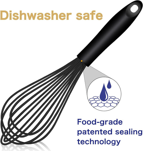 Dishwasher Safe Silicone Whisk, Sealed Waterproof Design Set of 3, Professional Kitchen Whisks for Cooking Non-Scratch, Silicone & Stainless Steel Whisk, Heat Resistant Balloon Egg Beater, Black by OYV