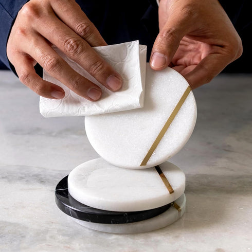 Set 6 3.9" Inches Koville White Marble Coasters of for Coffee Table, Handmade Round Coaster, Luxury Aesthetic Marble