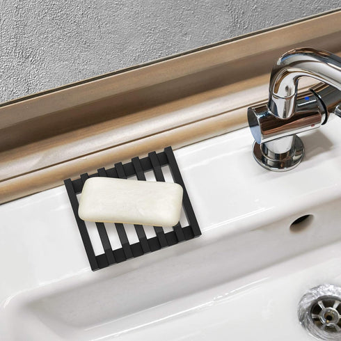 2Pcs Soap Dish Holder - Non-Slip Silicone Bathroom Accessories for Soap, Sponges, Scrubber (Black)