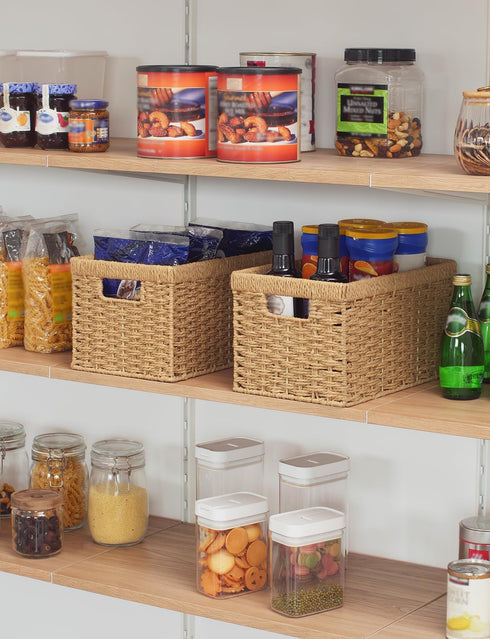 StorageWorks Round Paper Rope Storage Baskets, Medium Rectangular Wicker Baskets with Built-in Handles, 2-Pack, 13 ¼ x