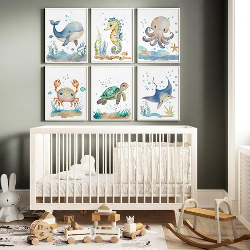 Joocrise Set 6 8x10 Inch Nursery Sea Animal Wall Decor of Ocean Watercolor Canvas Wall Art Baby Boys Room Wall Art
