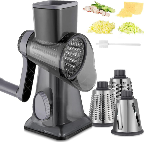 Cheese Grater Hand Crank Rotary Vegetables Shredder with Handle, 3-in-1 Graters with
