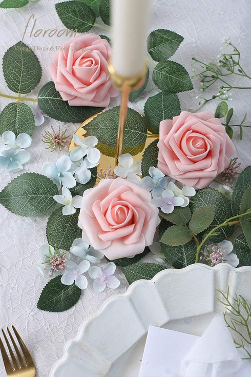 Floroom 25pcs Artificial Flowers Blush Heirloom Foam Fake Roses with Stems for DIY Wedding Bouquets, Pink