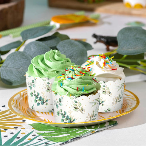 100Pcs Eucalyptus Leaf Paper Baking Cups, Green Gold Foil Leaves Cupcake Wrappers for Parties