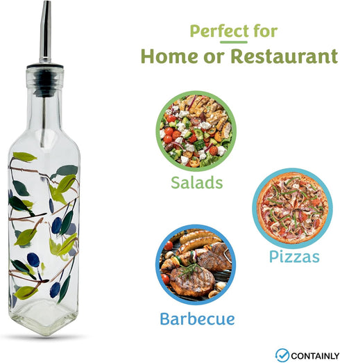 8 oz Glass Olive Branch Oil/Vinegar Glass Cruet for Kitchen, Olive Oil Dispenser With Stainless Steel Spout for Easy