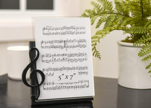 BroadwayGifts Co Black Treble Clef and Sheet Music Acrylic Table Top Picture Frame, 5 inch