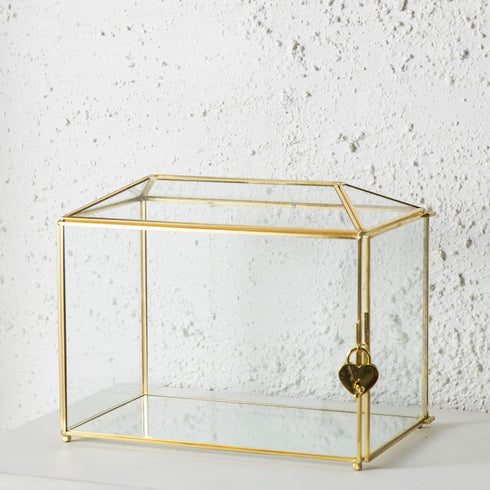 Glass Wedding Card Box with Slot, Large Clear 10.2 inch Gold Brass Gift Card Storage Box with Lock for Wedding