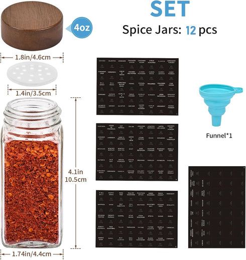 Yangbaga 12Pcs Glass Spice Jars with Labels,4oz Empty Square Spice Bottles with acacia wood lid & Shaker Lids and Silicone Collapsible Funnel Included