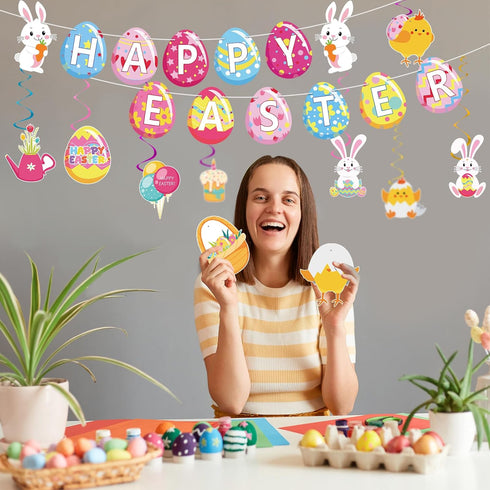 Easter Hanging Swirls Decorations for Home Office School, Happy Easter Banner with Egg Bunny Foil Swirl Ceiling Decor
