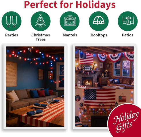 99ft 300LED 16 4th LAMPHOME Red White and Blue Patriotic String Lights, Modes Red White Blue LED Lights Plug