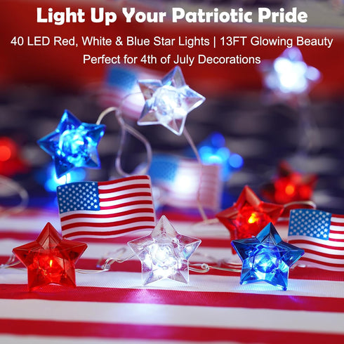 Libreath 4th 13FT 40LED of July Decorations Red White and Blue Star American Flag Lights Fairy String Lights Battery