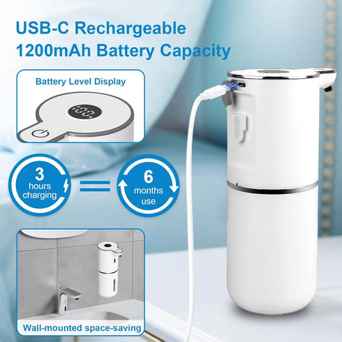 6-Level 12.8oz/380mL OHIFAST Automatic Liquid Soap Dispenser Touchless, USB Rechargeable Smart Hand Soap Dispenser