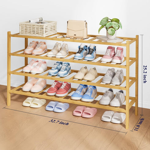 Closet 32.7" 4 Kitsure Bamboo Wooden Shoe Rack for - Stackable Shoe Organizer with Modular Structure, Space-Saving Shoe