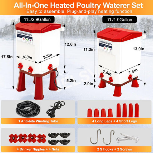 7L 4 Summer Heated Chicken Waterer, Chicken Water Heater Bucket for Winter with Nipple Drinkers, Anti-Freezing, Winter