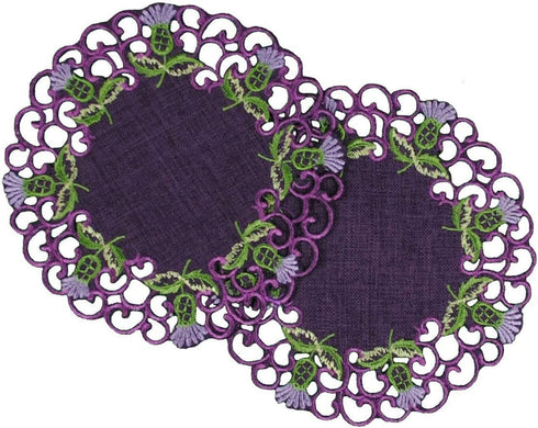 Justina Claire Round Purple Doilies, 6x6 inches, Glencoe Thistle Design, Pair for Center Table