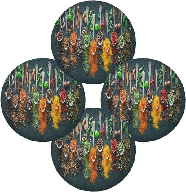 Autumn Herbs Spices Round Placemats Set for 4, Easy to Clean Table Mats for Kitchen Home Party Decor 15 inch