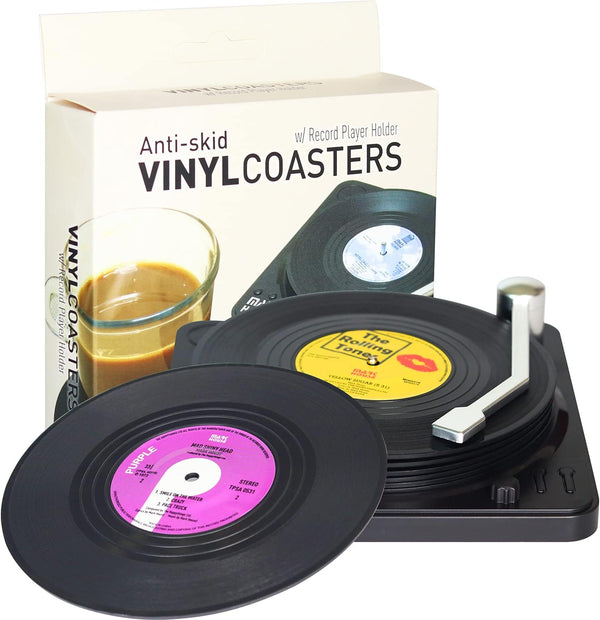 Funny Retro Vinyl Record Coasters for Drinks, Set of 6 with Vinyl Record Player Holder for Music Lovers, Gift Ideas