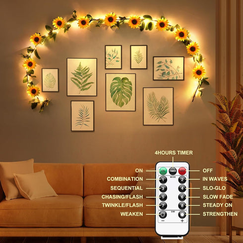 7.2ft GOESWELL Artificial Sunflower Garland with String Light: Fake SilkFlowers Vines with Green Leaves and Remote