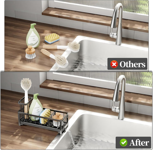 SWTYMIKI Kitchen Sink Sponge Holder - Self-draining Caddy with Brush Holder, Stainless Steel Countertop Organizer