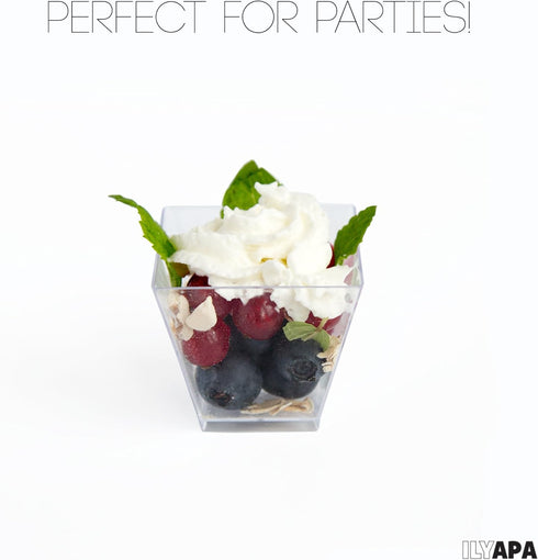 Ilyapa 2oz Clear Plastic Dessert Cups - 50 Pack Mini Appetizer Cups with Spoons for Cheesecake, Chocolate Mousse,