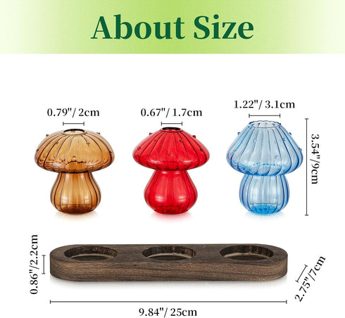 Set 3 Glass Propagation Station for Plant: Mushroom Planter with Wooden Stand for Home Office Decor - Unique