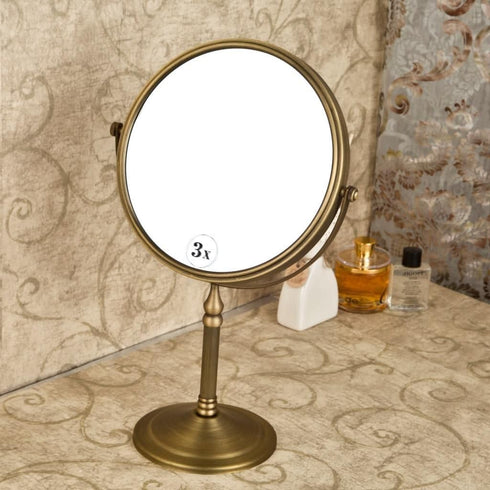 Leyden Antique Brass Makeup Mirror - 3X Magnifying Vanity Mirror, Double Side 7.8 Inch for Bathroom