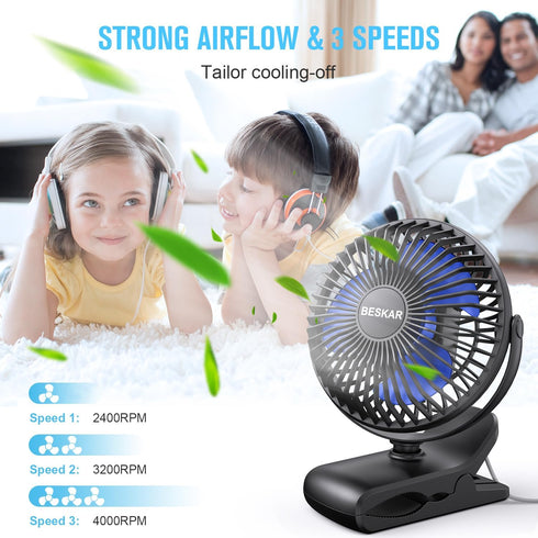 BESKAR USB Clip on Fan, Portable Small Fan with Cord Powered, 3 Speeds Strong Airflow, with Sturdy Clamp, Quiet Personal Desk Fan by BESKAR