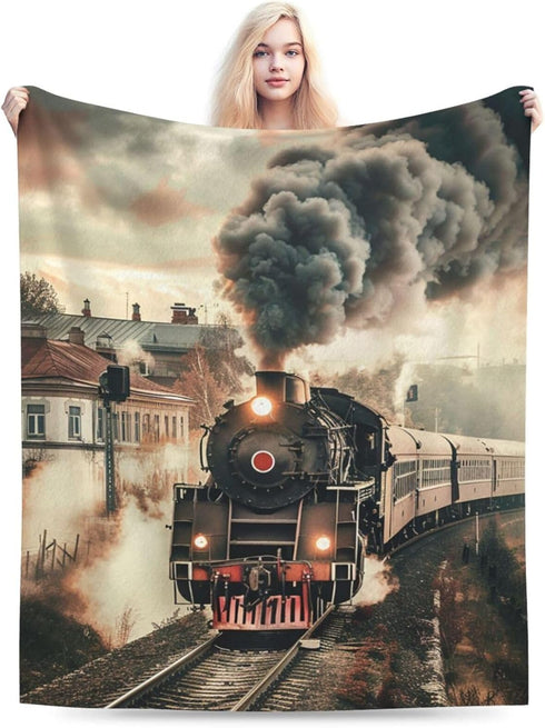 HSYOYO 80"x60" Train Travelling Throw Blanket Fluffy Fleece Blankets Vintage Lightweight Travel Blanket Indoor Outdoor
