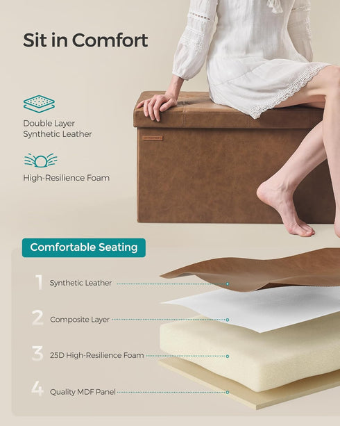 SONGMICS Storage Ottoman Bench, Foldable Foot Rest, 15 x 30 x 15 Inches, End of Bed Storage Chest, Coffee Brown