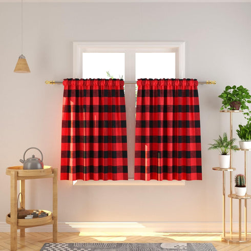 3 Pc Cotton Classic Country Farmhouse Kitchen Window Curtain - Red & Black Buffalo Check Tier & Valance Set, 54" x 18"
